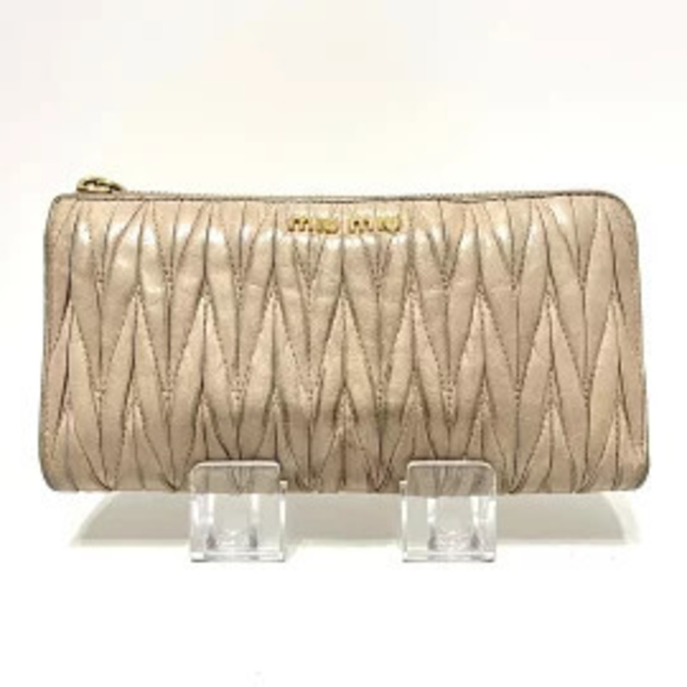 Miu Miu Gathered Wallet Long L shaped Zipper Beige Cream Leather